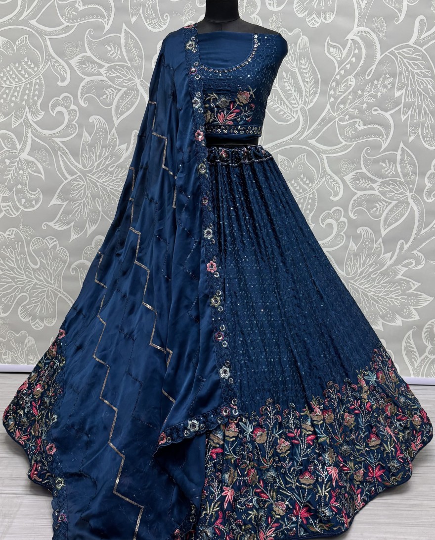 2811 - Beautiful Flower Pattern Blue Embroidery and Thread work design Partywear Lehengacholi 